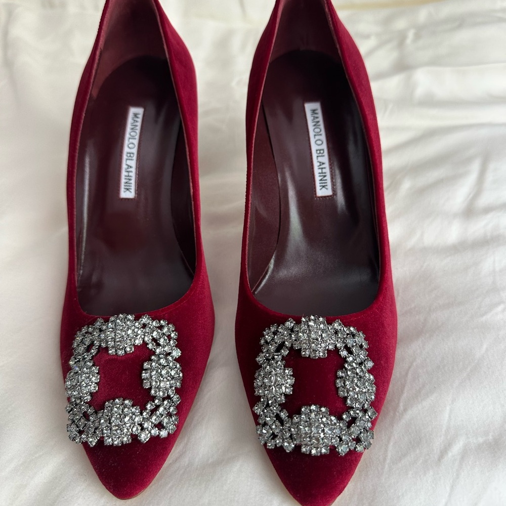 Manolo Blahnik Red Heels with Crystal Buckle